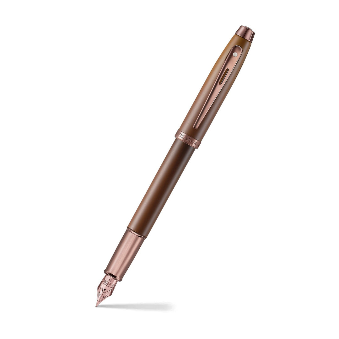 Sheaffer 100 9374 Coffee Edition Matte Brown Fountain Pen with Regal Brown PVD Trims angled writing shot