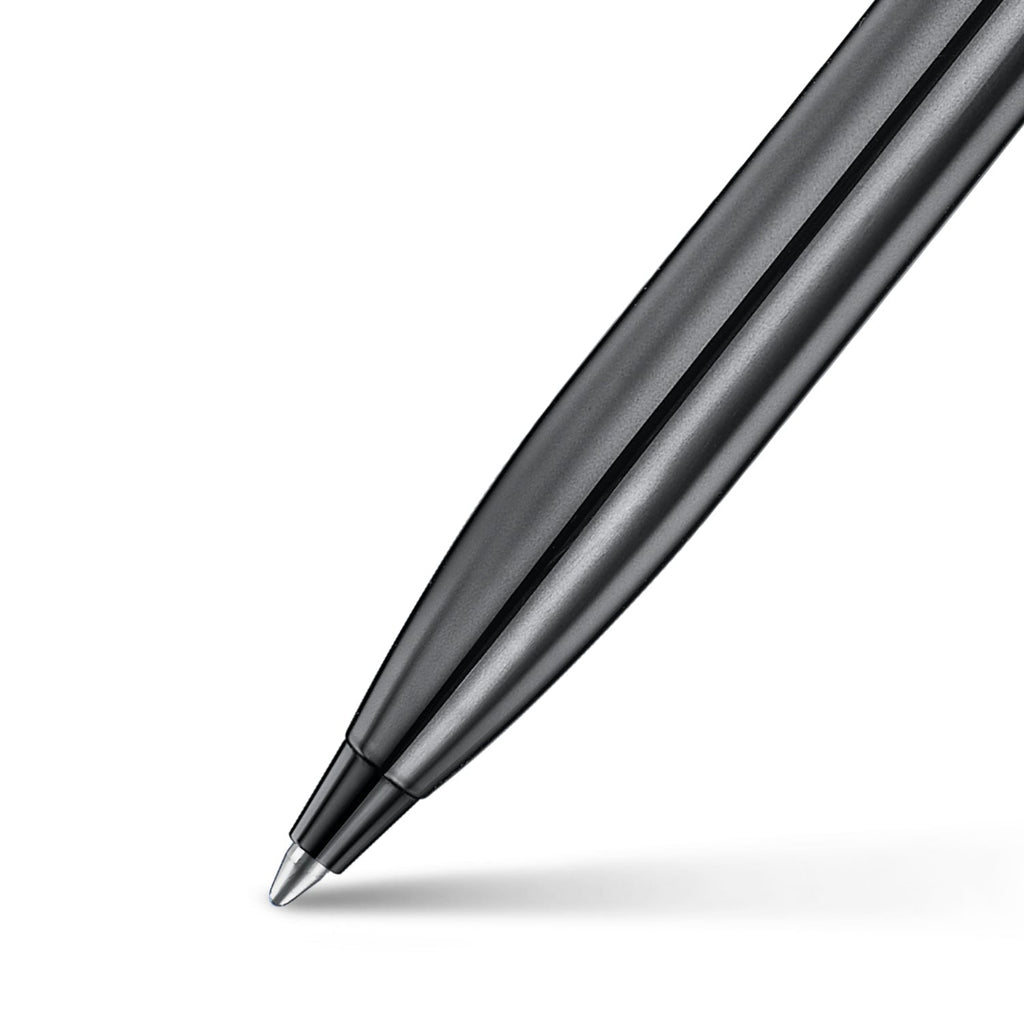 Sheaffer 100 9375 Ionic Gunmetal Grey Ballpoint Pen with Shiny PVD Trims barrel and tip section