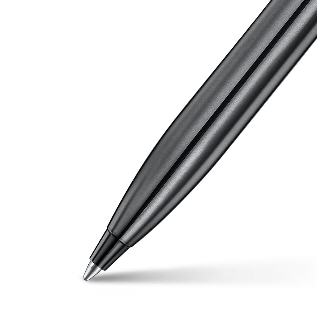 Sheaffer 100 9375 Ionic Gunmetal Grey Ballpoint Pen with Shiny PVD Trims barrel and tip section