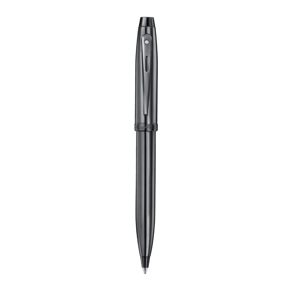 Sheaffer 100 9375 Ionic Gunmetal Grey Ballpoint Pen with Shiny PVD Trims full upright view