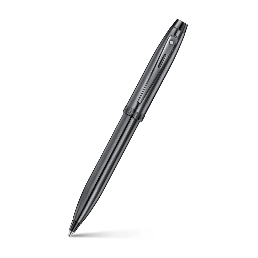 Sheaffer 100 9375 Ionic Gunmetal Grey Ballpoint Pen with Shiny PVD Trims angled writing shot