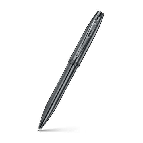 Sheaffer 100 9375 Ionic Gunmetal Grey Ballpoint Pen with Shiny PVD Trims angled writing shot