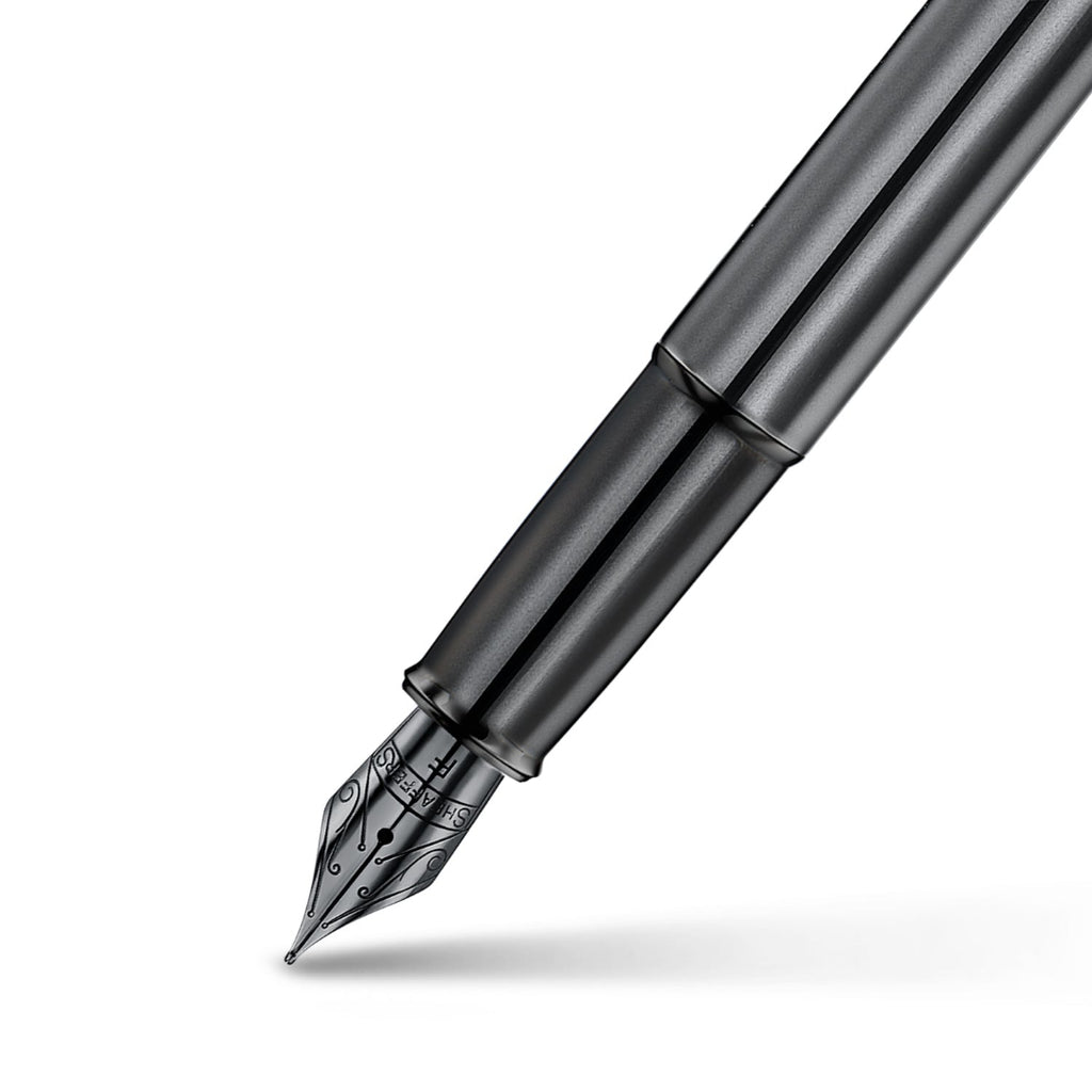 Sheaffer 100 9375 Ionic Gunmetal Grey Fountain Pen with Shiny PVD Trims barrel and tip section