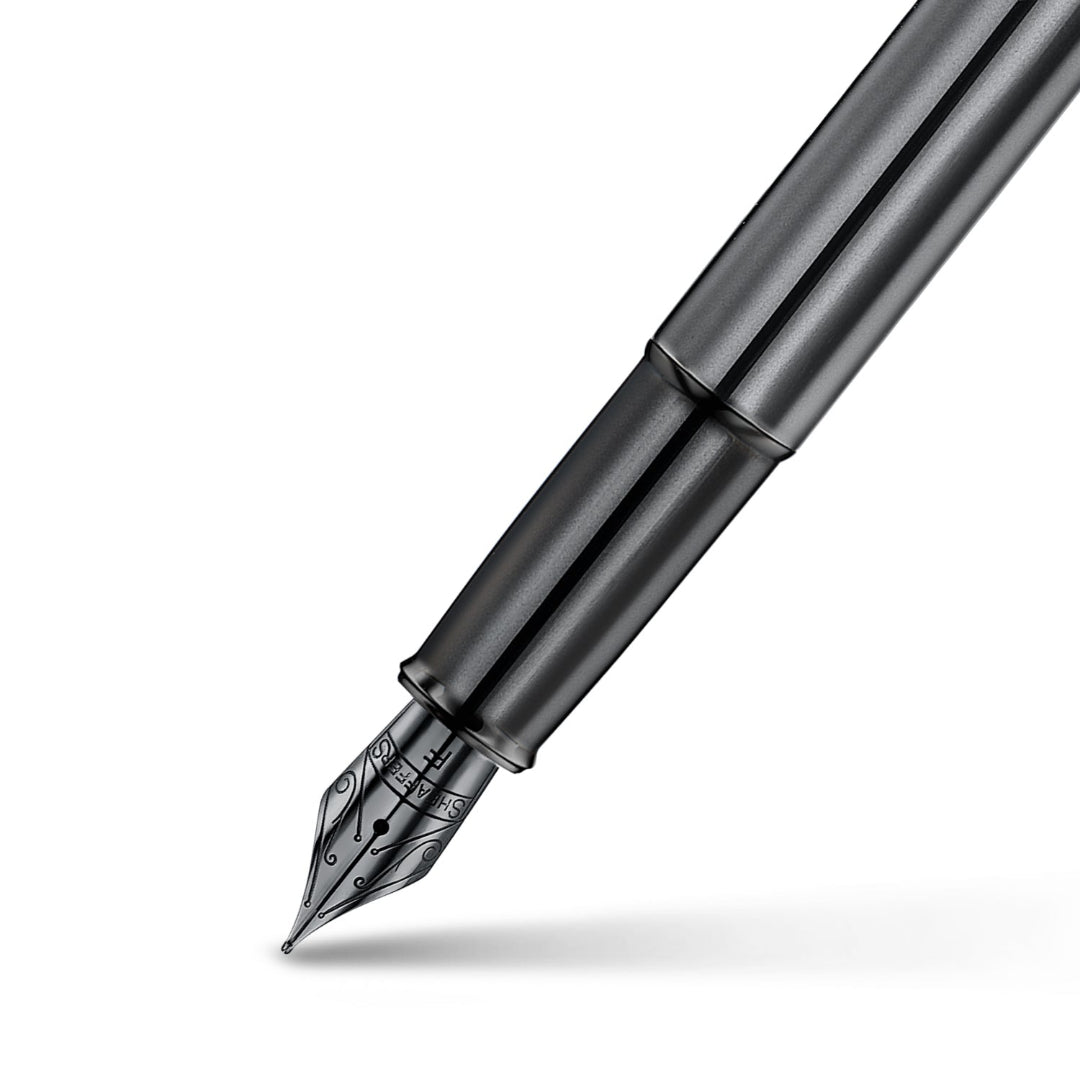 Sheaffer 100 9375 Ionic Gunmetal Grey Fountain Pen with Shiny PVD Trims barrel and tip section