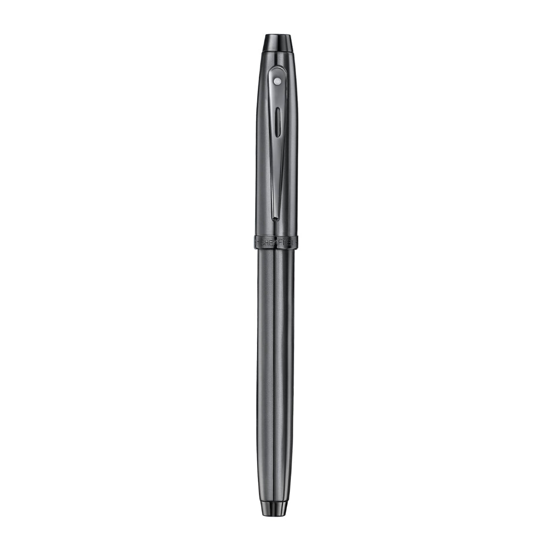 Sheaffer 100 9375 Ionic Gunmetal Grey Fountain Pen with Shiny PVD Trims full upright view