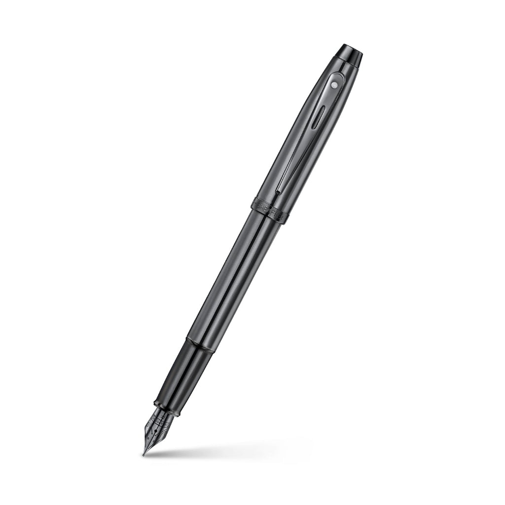 Sheaffer 100 9375 Ionic Gunmetal Grey Fountain Pen with Shiny PVD Trims angled writing shot