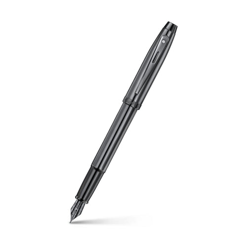 Sheaffer 100 9375 Ionic Gunmetal Grey Fountain Pen with Shiny PVD Trims angled writing shot
