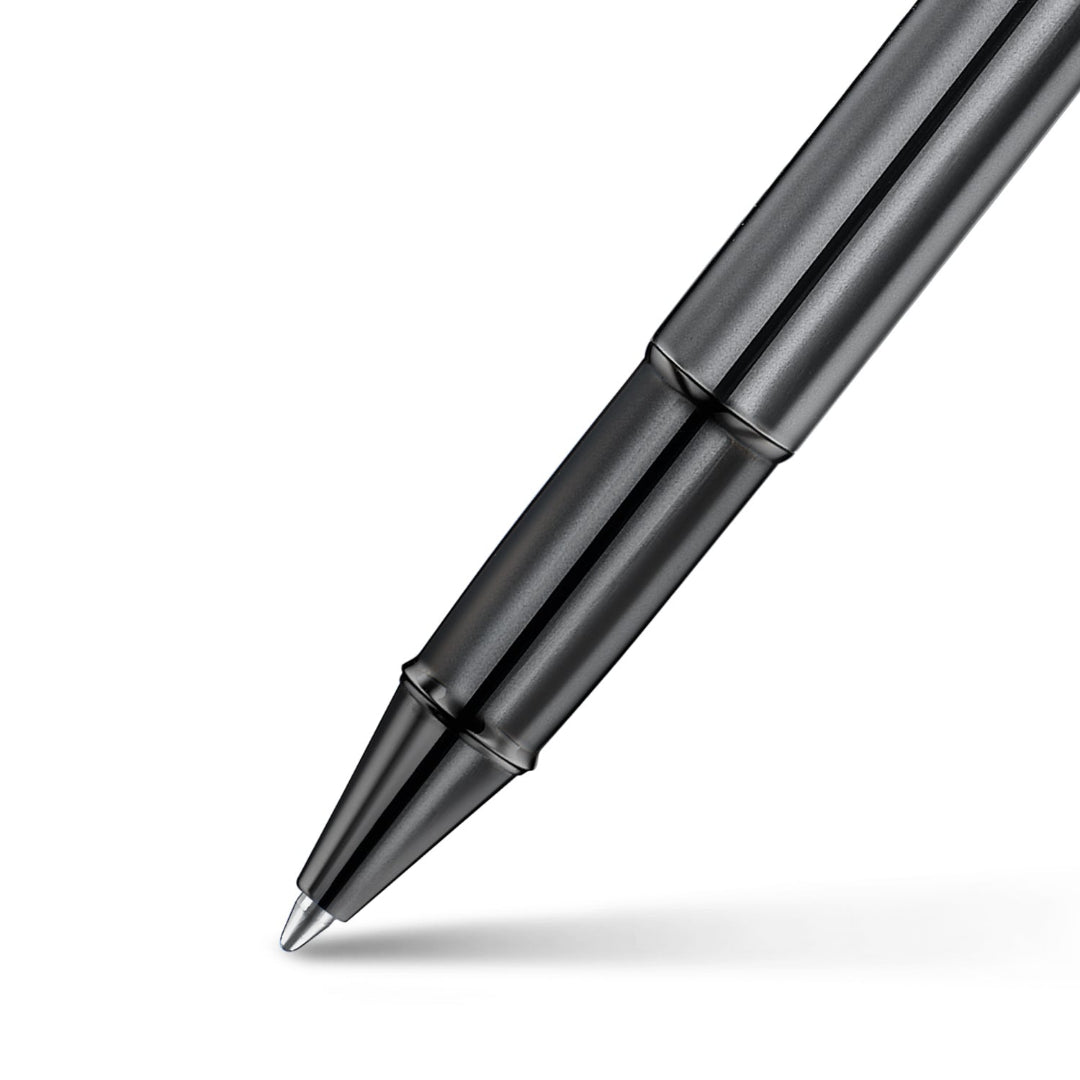 Sheaffer 100 9375 Ionic Gunmetal Grey Rollerball Pen with Shiny PVD Trims barrel and tip section