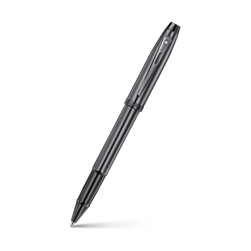 Sheaffer 100 9375 Ionic Gunmetal Grey Rollerball Pen with Shiny PVD Trims angled writing shot