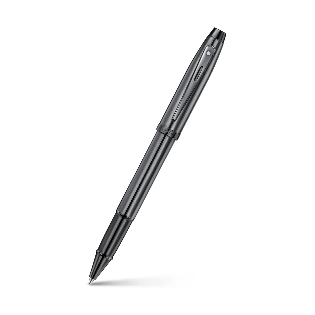 Sheaffer 100 9375 Ionic Gunmetal Grey Rollerball Pen with Shiny PVD Trims angled writing shot