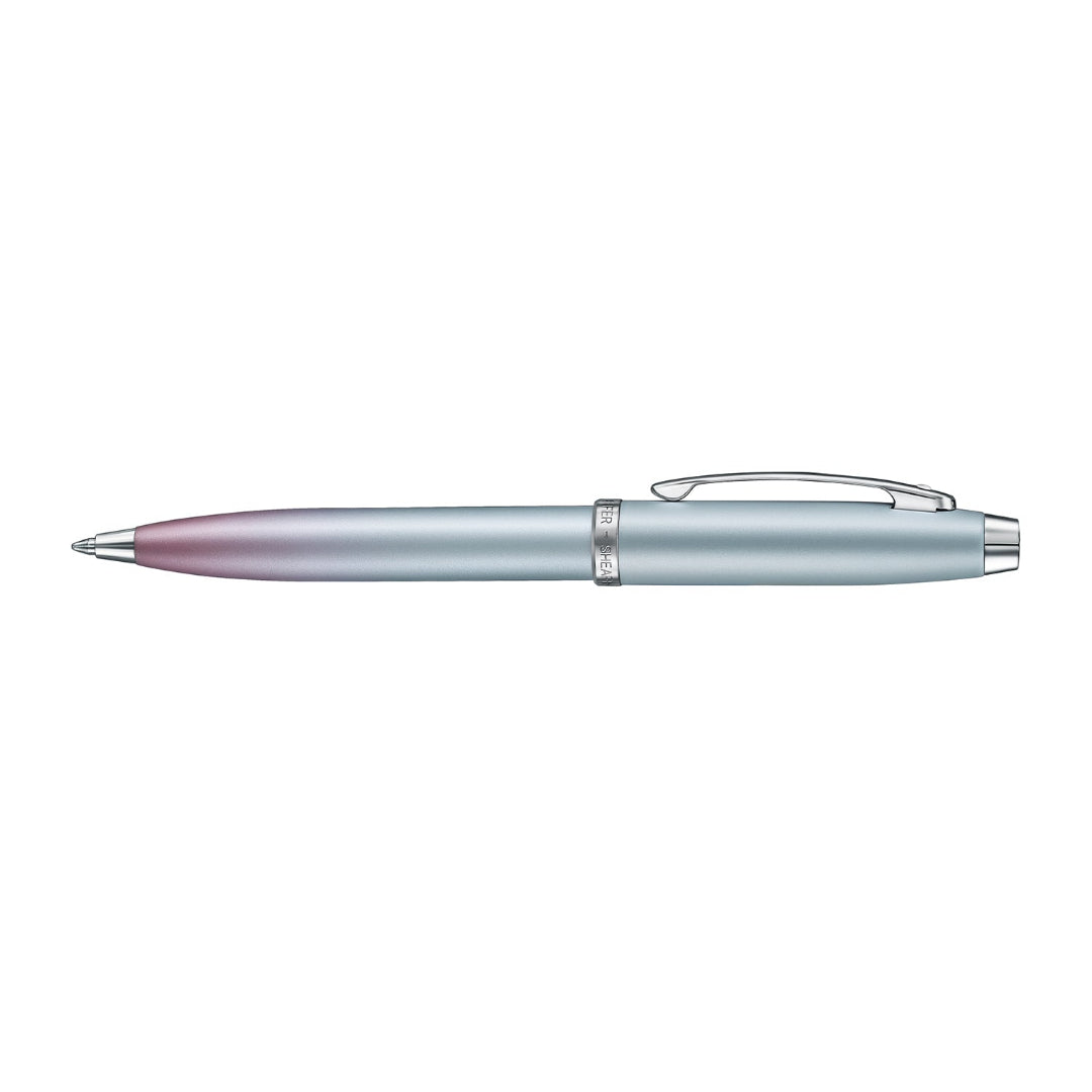Sheaffer 100 9376 Expressions Blue and Pink Pearlised Gradient Ballpoint Pen with Chrome-plated Trims full side profile