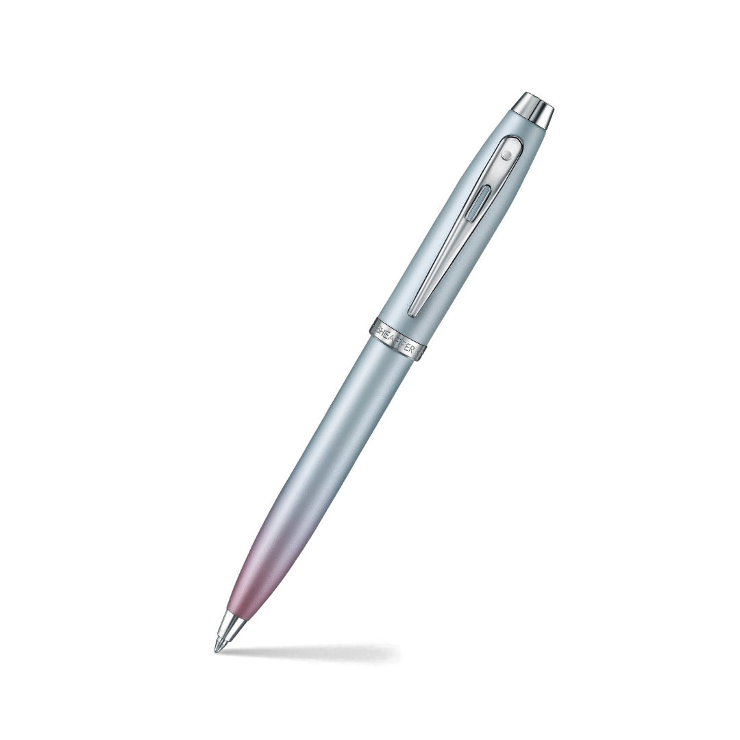 Sheaffer 100 9376 Expressions Blue and Pink Pearlised Gradient Ballpoint Pen with Chrome-plated Trims angled writing shot