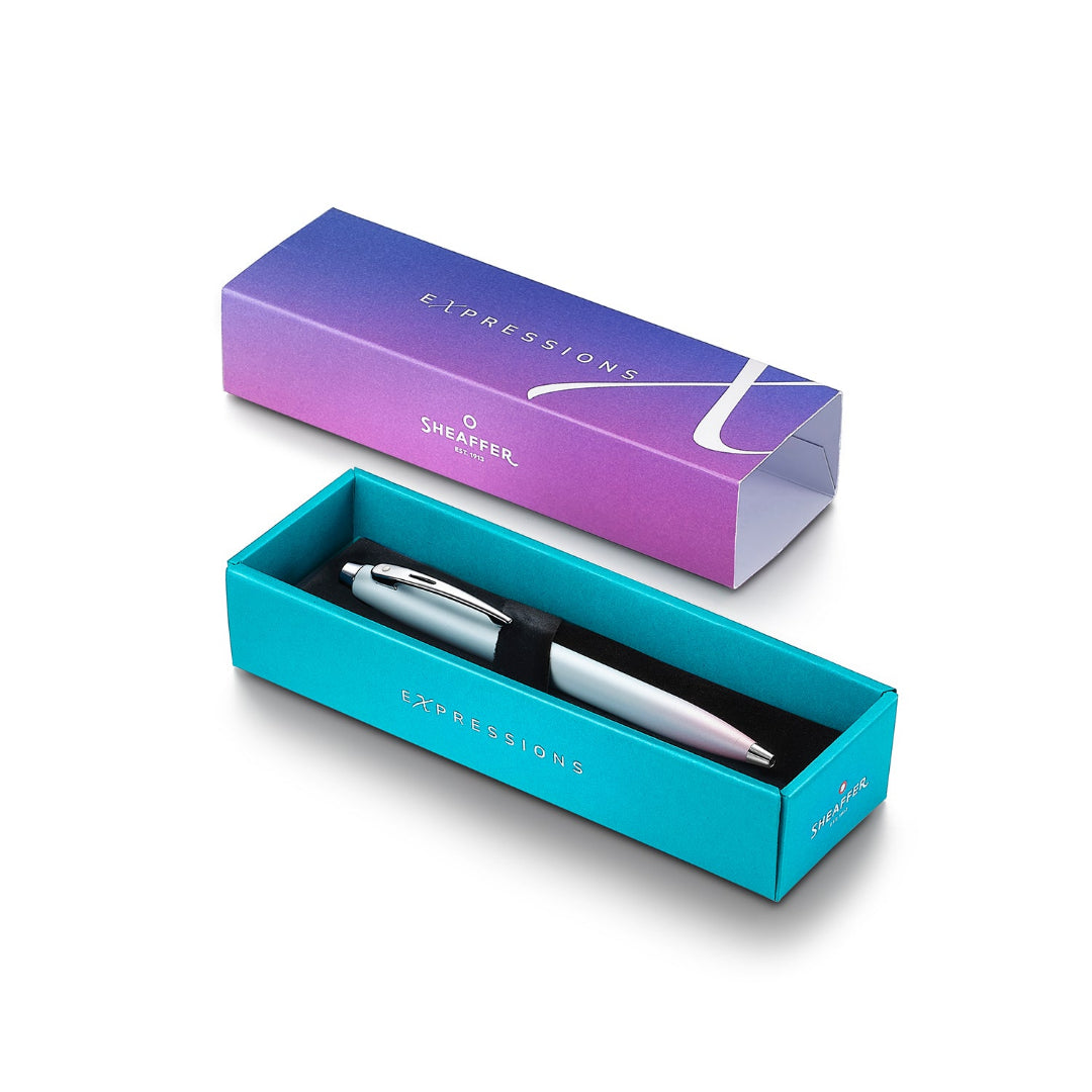 Sheaffer 100 9376 Expressions Blue and Pink Pearlised Gradient Ballpoint Pen with Chrome-plated Trims WW31 Expressions Gift Box open