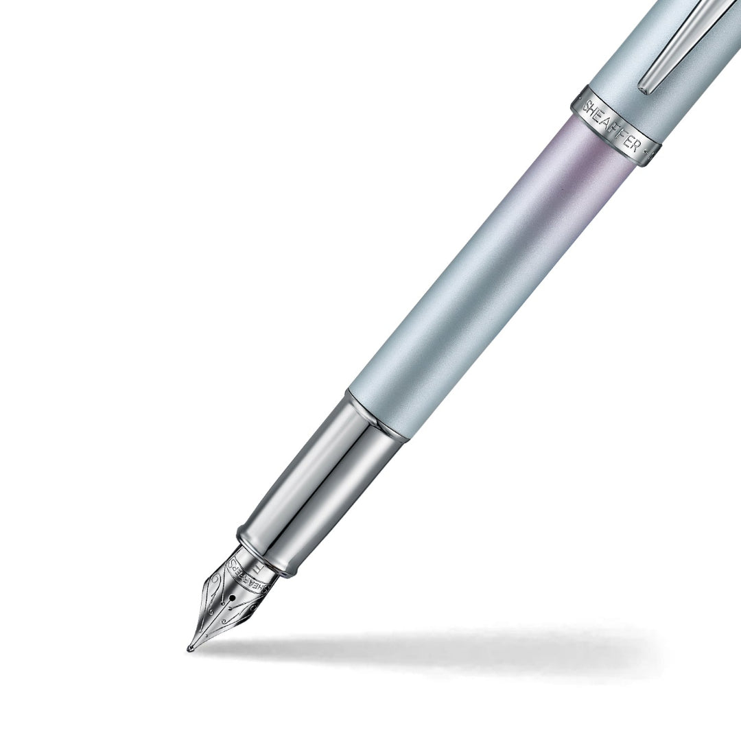 Sheaffer 100 9376 Expressions Blue and Pink Pearlised Gradient Fountain Pen with Chrome-plated Trims close up
