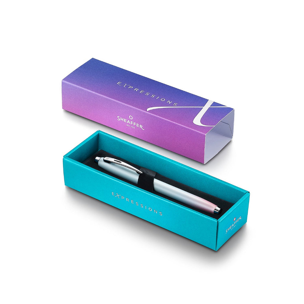 Sheaffer 100 9376 Expressions Blue and Pink Pearlised Gradient Fountain Pen with Chrome-plated Trims WW31  Expressions Gift Box Open
