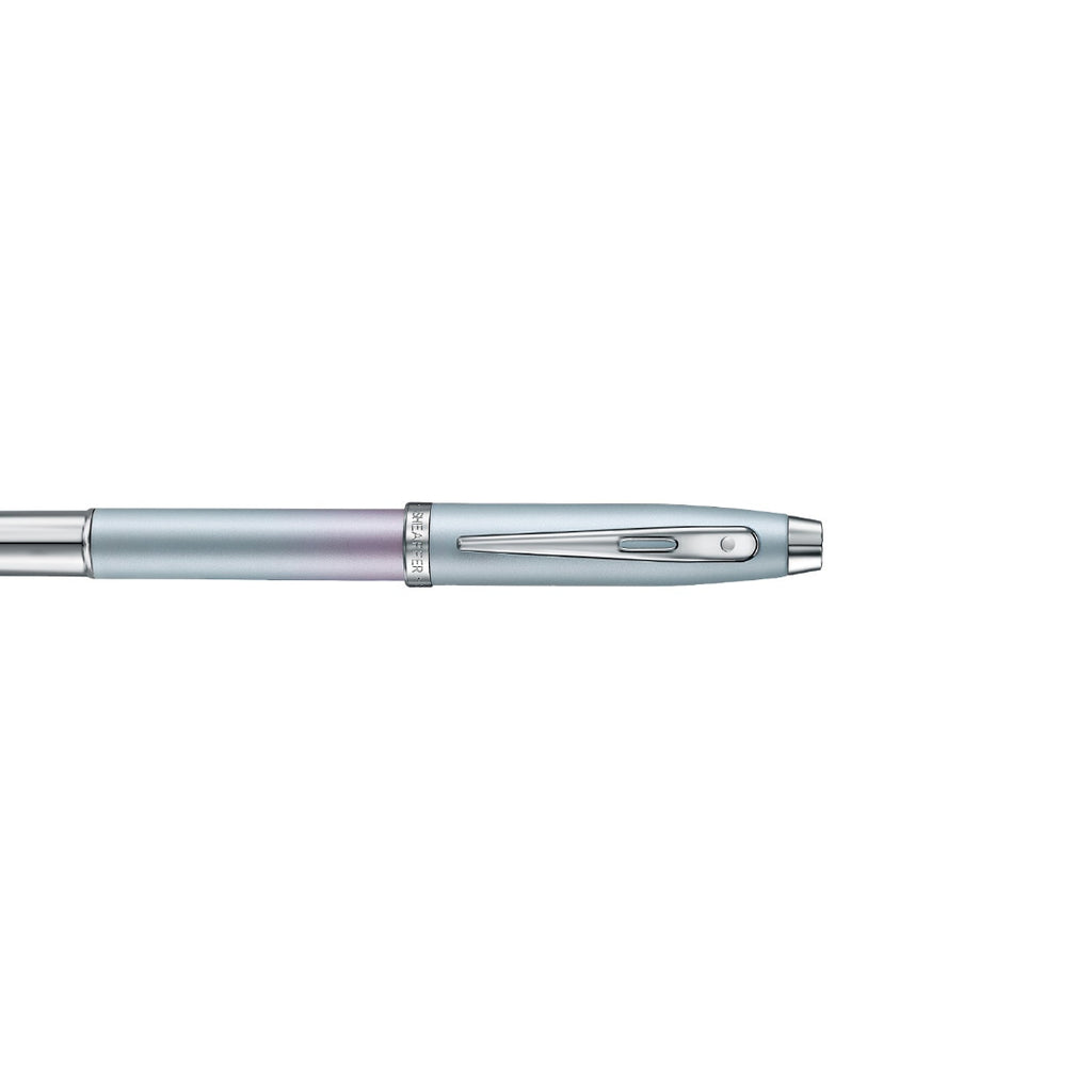 Sheaffer 100 9376 Expressions Blue and Pink Pearlised Gradient Rollerball Pen with Chrome-plated Trims clip details