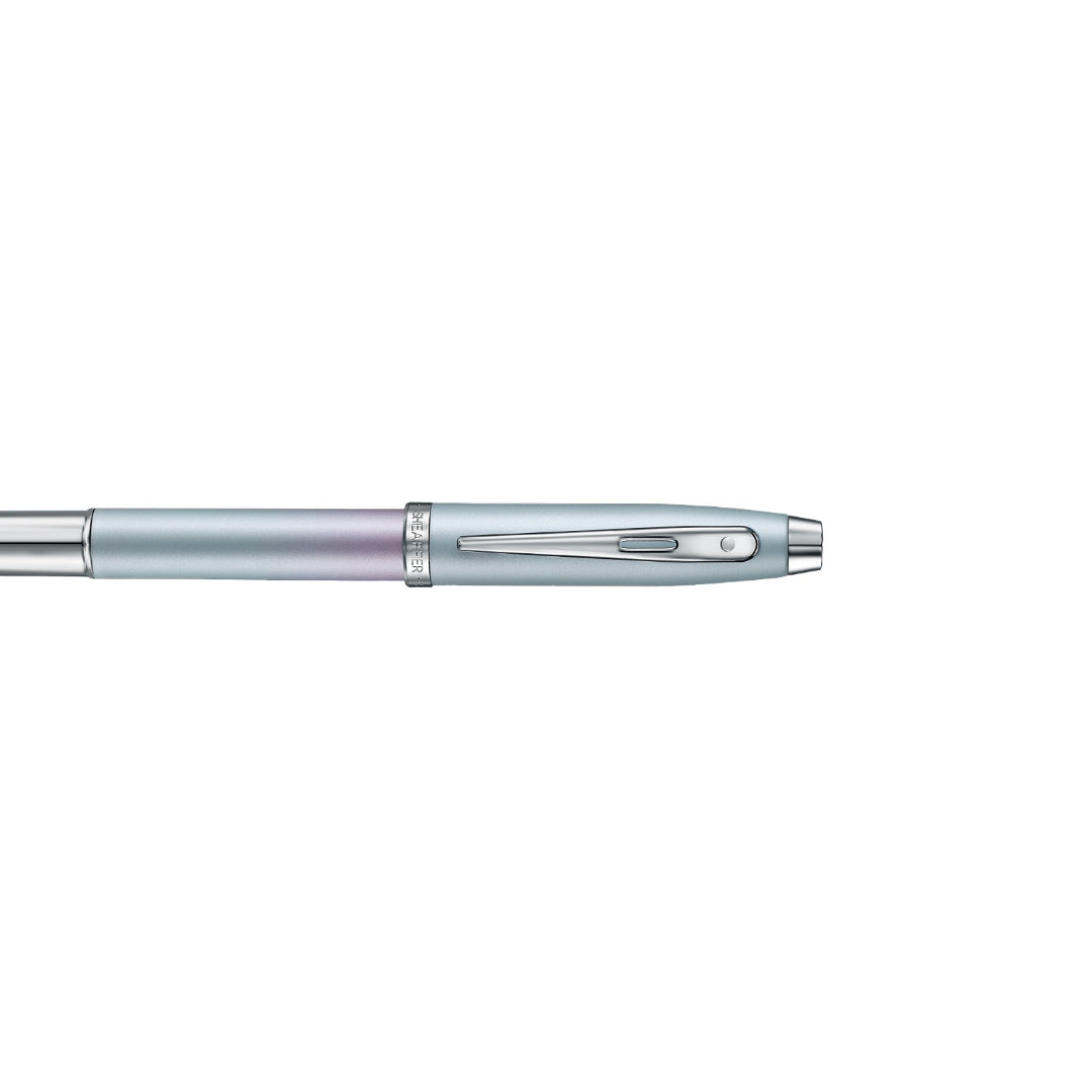 Sheaffer 100 9376 Expressions Blue and Pink Pearlised Gradient Rollerball Pen with Chrome-plated Trims clip details