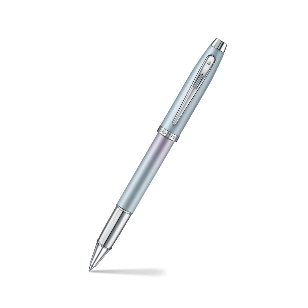 Sheaffer 100 9376 Expressions Blue and Pink Pearlised Gradient Rollerball Pen with Chrome-plated Trims angled writing shot
