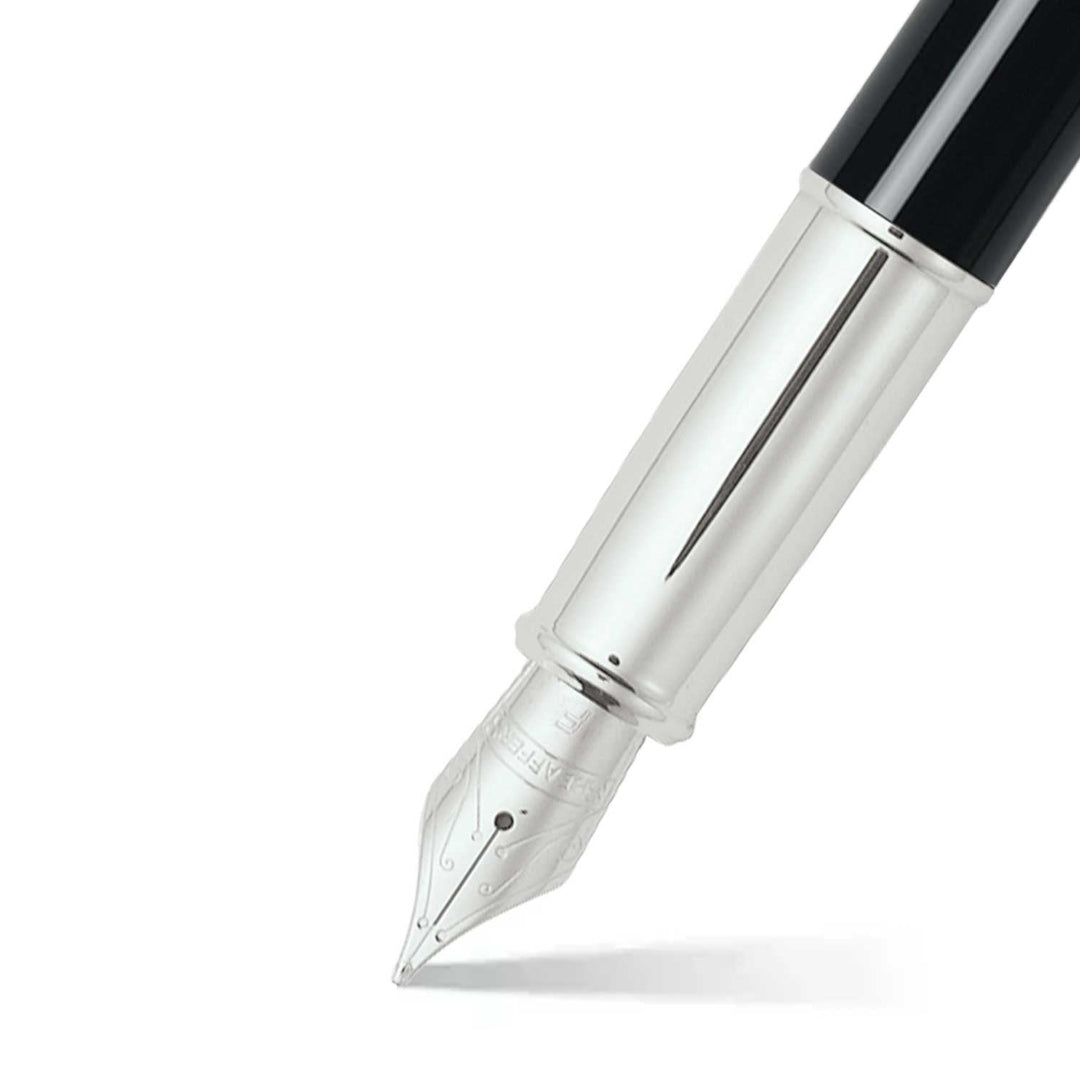 Sheaffer 100 Black and Chrome Fountain Pen With Chrome Trims barrel and tip section