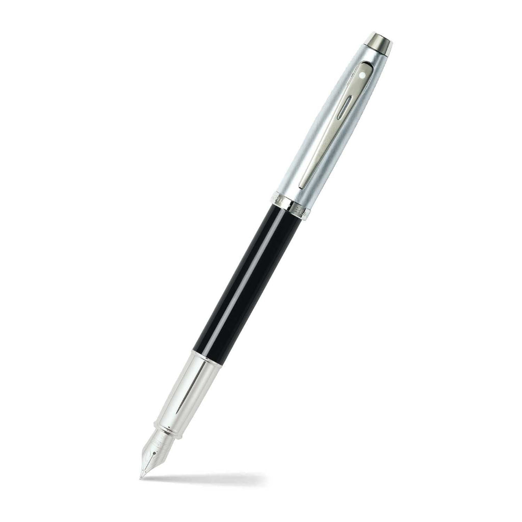 Sheaffer 100 Black and Chrome Fountain Pen With Chrome Trims angled writing shot