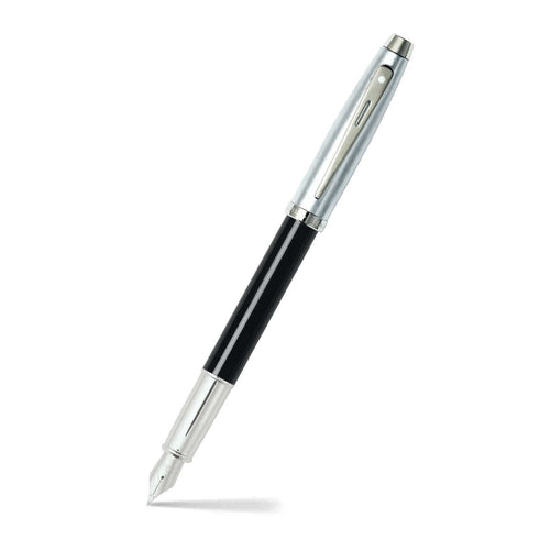 Sheaffer 100 Black and Chrome Fountain Pen With Chrome Trims angled writing shot