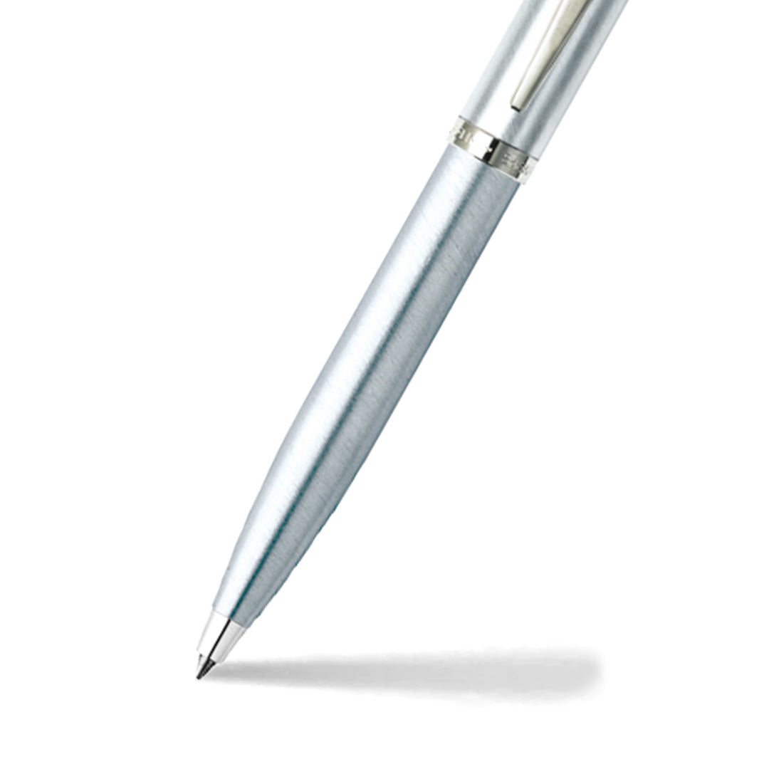 Sheaffer 100 Brushed Chrome Ballpoint Pen With Shiny Chrome Trim barrel and tip section