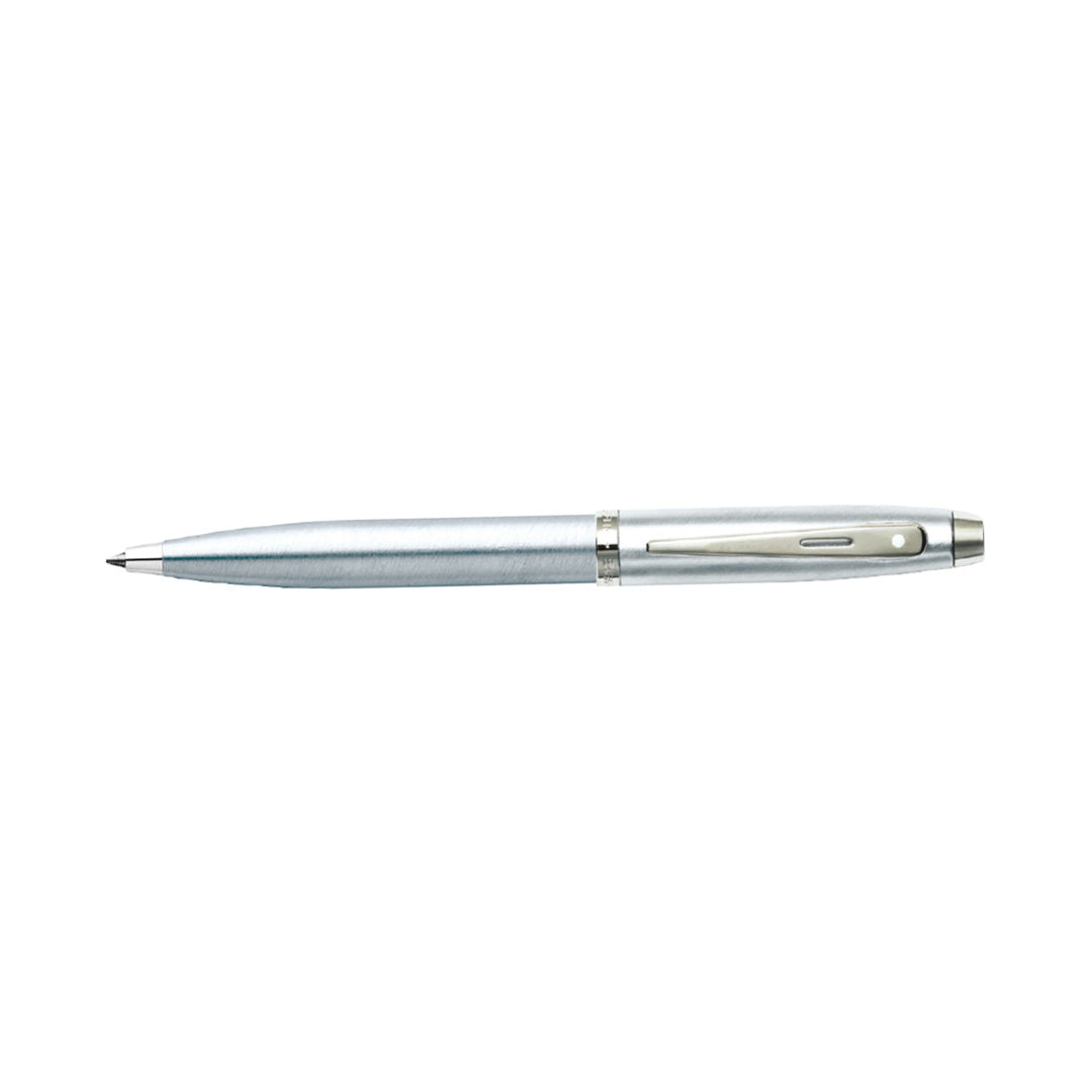 Sheaffer 100 Brushed Chrome Ballpoint Pen With Shiny Chrome Trim full side profile