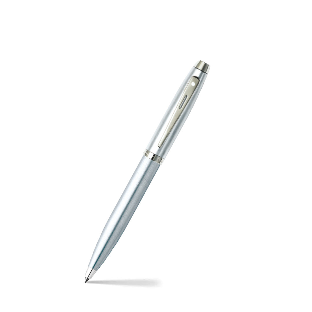 Sheaffer 100 Brushed Chrome Ballpoint Pen With Shiny Chrome Trim angled writing shot
