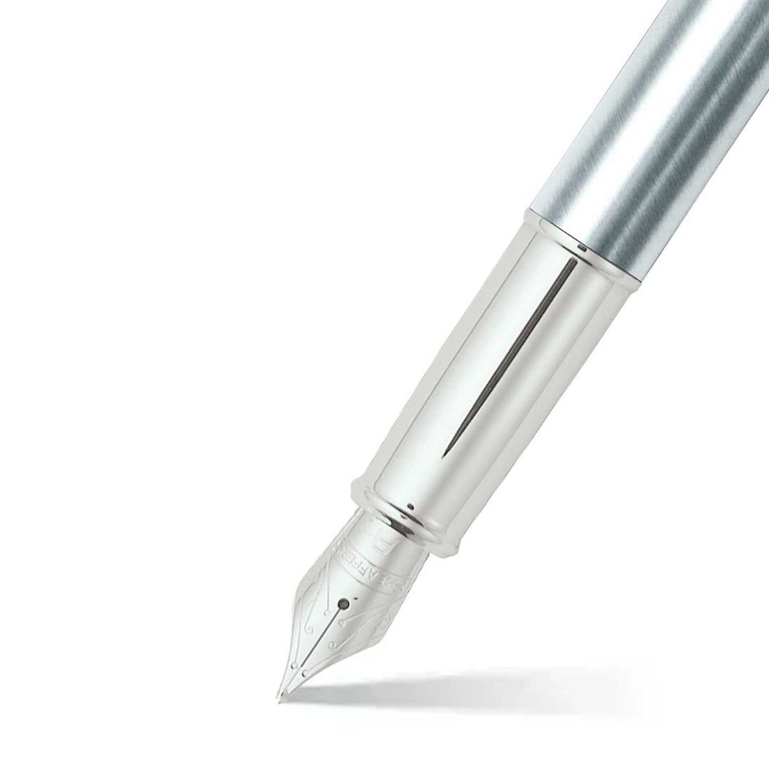 Sheaffer 100 Brushed Chrome Fountain Pen With Chrome Trims barrel and tip section