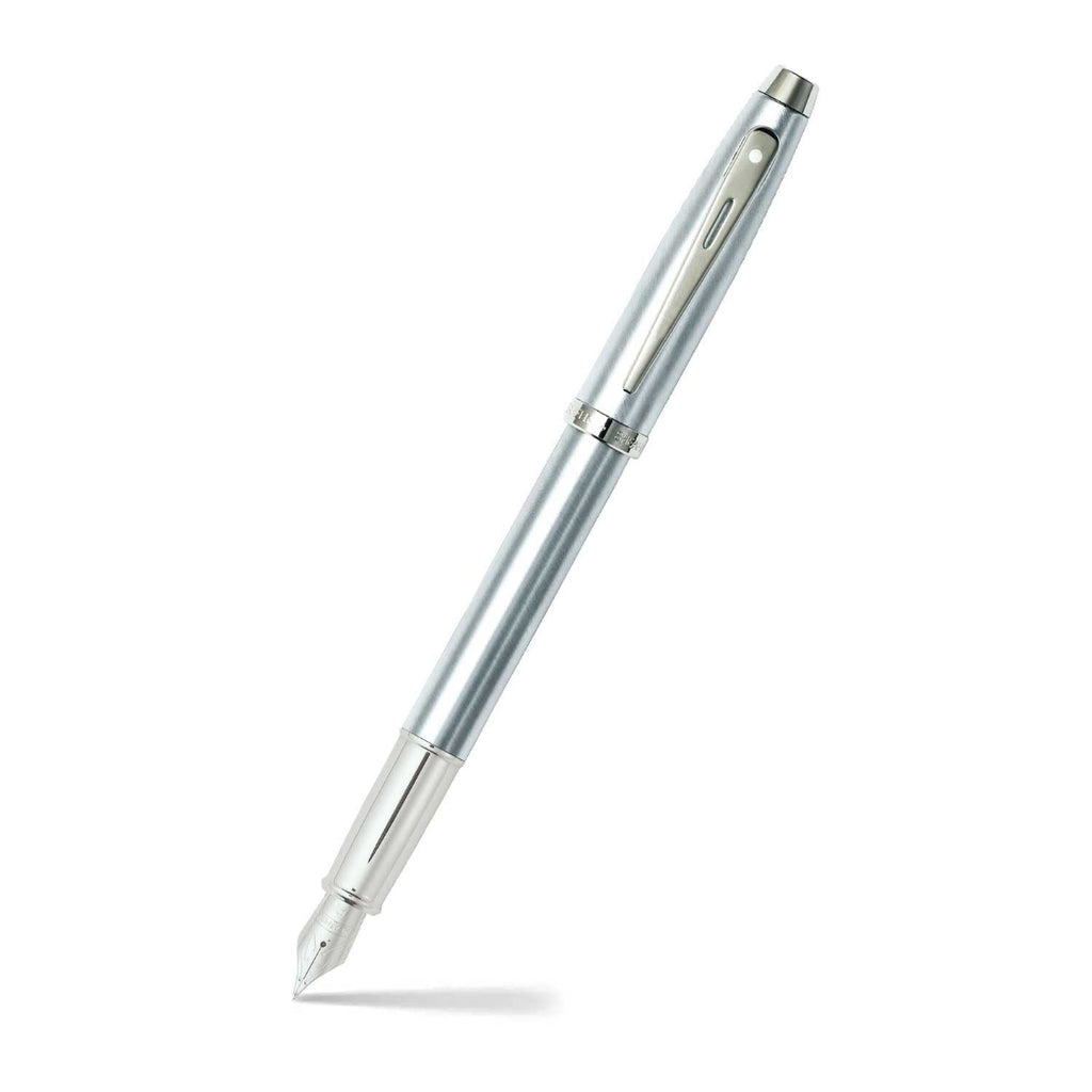 Sheaffer 100 Brushed Chrome Fountain Pen With Chrome Trims angled writing shot