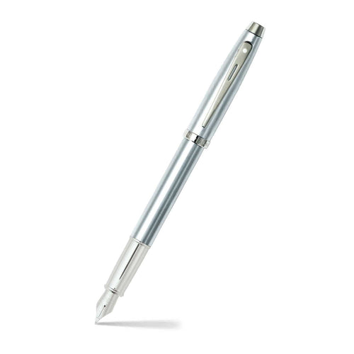Sheaffer 100 Brushed Chrome Fountain Pen With Chrome Trims angled writing shot