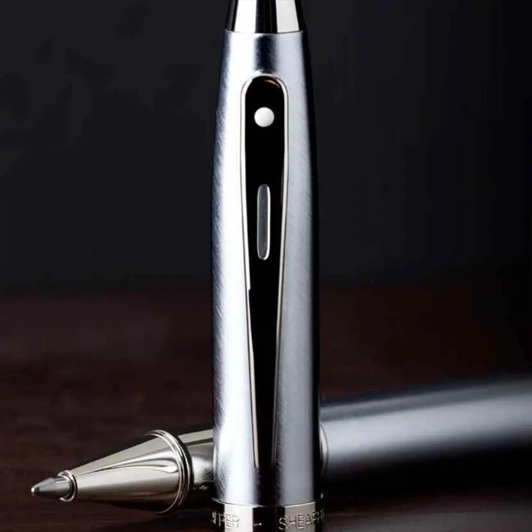 Sheaffer 100 Brushed Chrome With Shiny Chrome Trim Rollerball Pen closer clip details