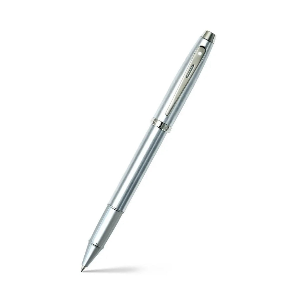 Sheaffer 100 Brushed Chrome With Shiny Chrome Trim Rollerball Pen angled writing shot