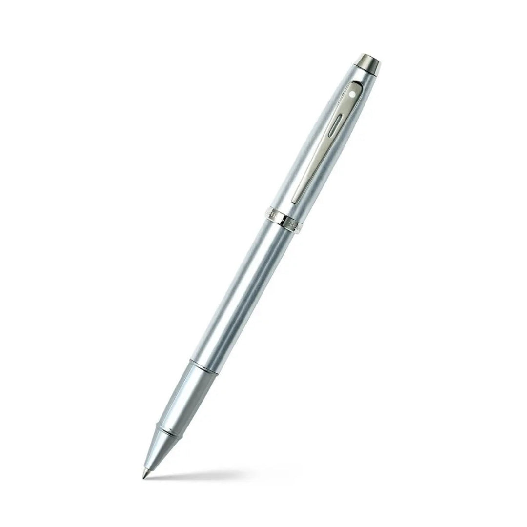 Sheaffer 100 Brushed Chrome With Shiny Chrome Trim Rollerball Pen angled writing shot