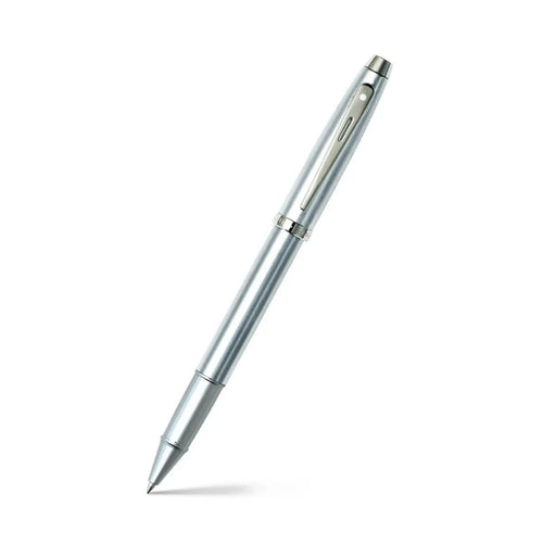 Sheaffer 100 Brushed Chrome With Shiny Chrome Trim Rollerball Pen angled writing shot