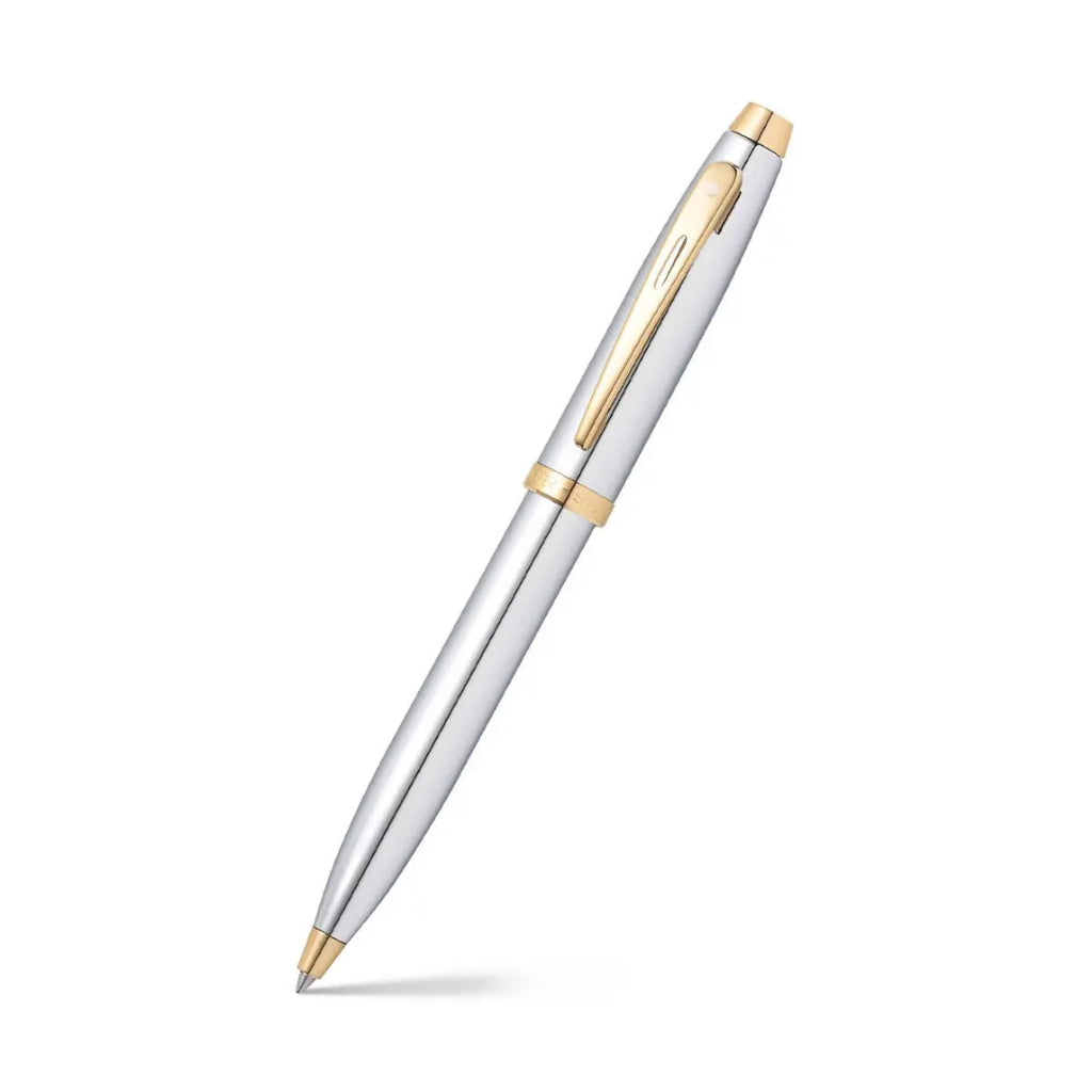 Sheaffer 100 Chrome Ballpoint Pen With Gold Trims angled writing shot