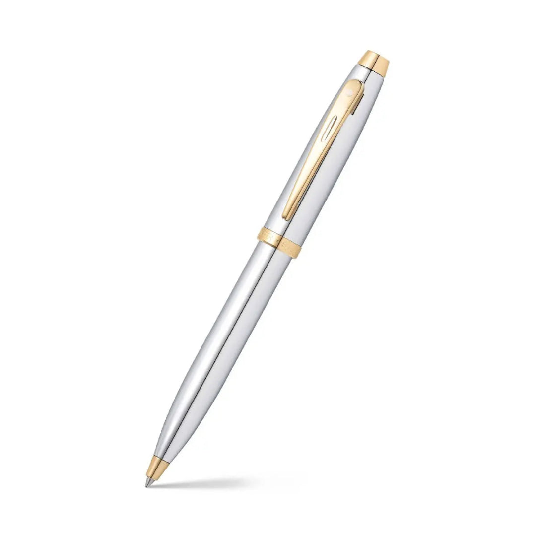 Sheaffer 100 Chrome Ballpoint Pen With Gold Trims angled writing shot