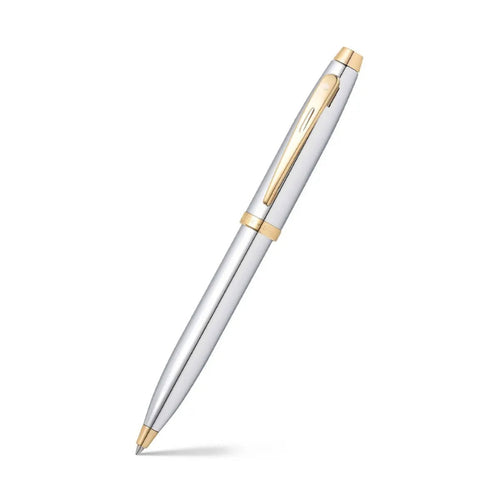 Sheaffer 100 Chrome Ballpoint Pen With Gold Trims angled writing shot