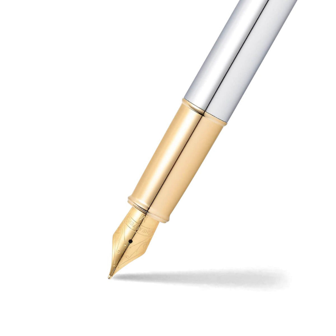 Sheaffer 100 Chrome Fountain Pen With Gold Trims barrel and tip section