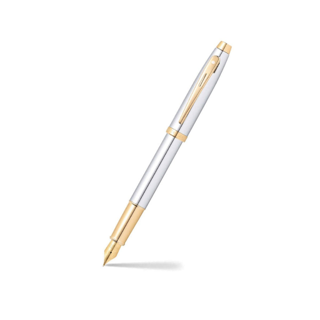 Sheaffer 100 Chrome Fountain Pen With Gold Trims angled writing shot