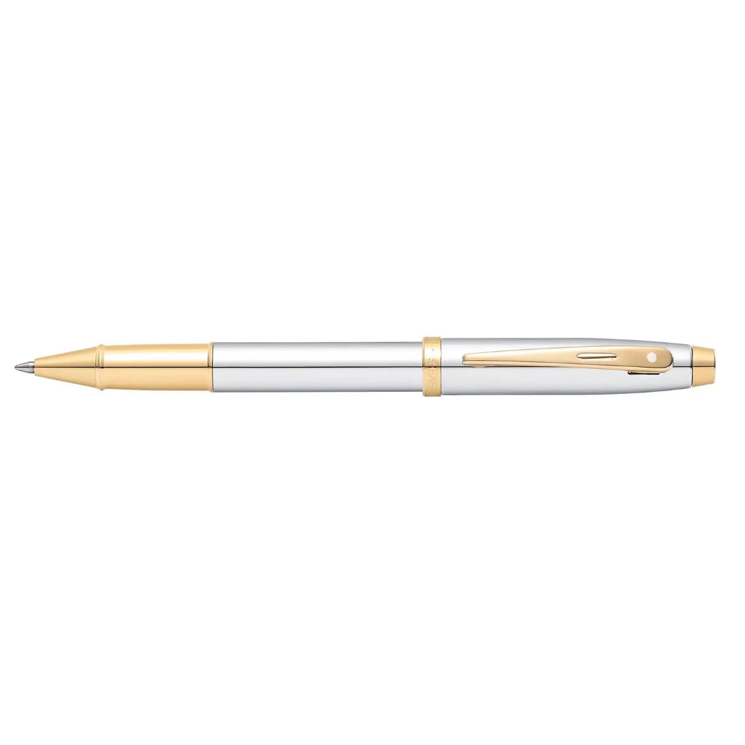 Sheaffer 100 Chrome Rollerball Pen With Gold Trims full side profile