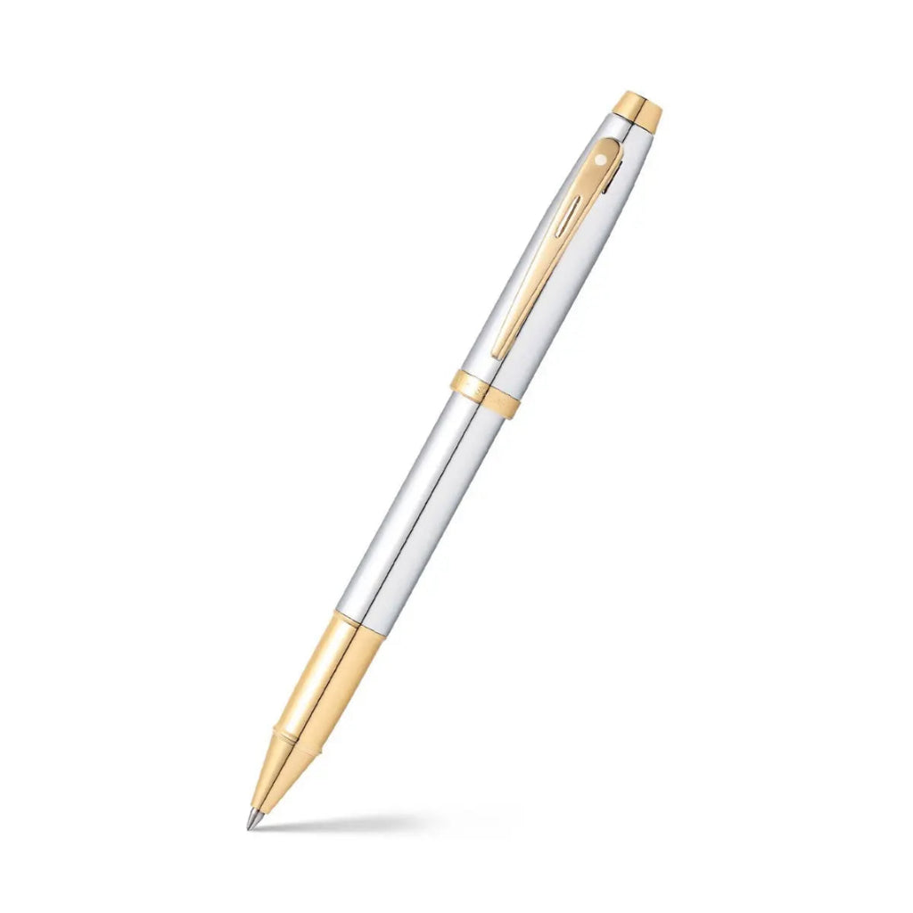 Sheaffer 100 Chrome Rollerball Pen With Gold Trims angled writing shot