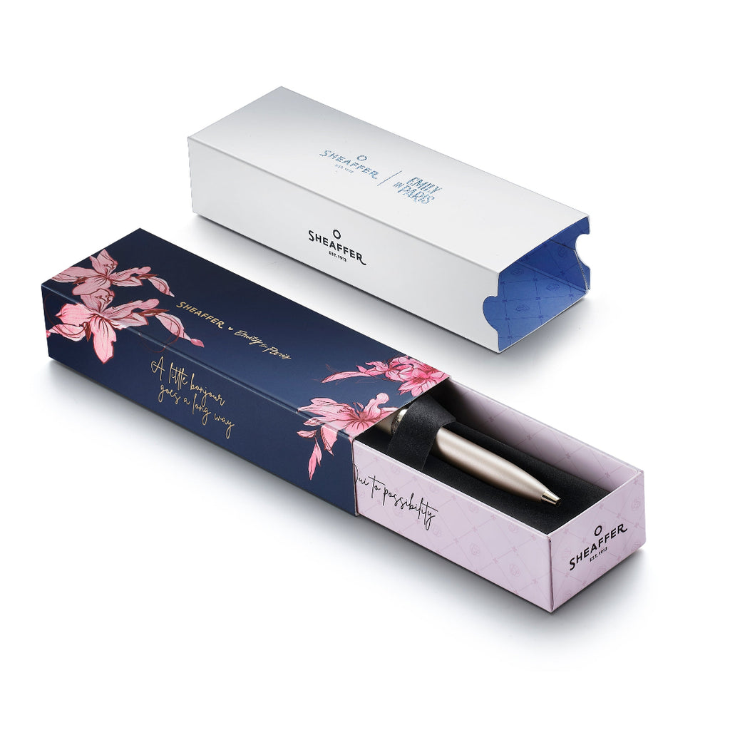 Sheaffer 100 Emily in Paris 9377 Champagne Gold Ballpoint Pen with Bow-Shaped Clip Emblem packaging box