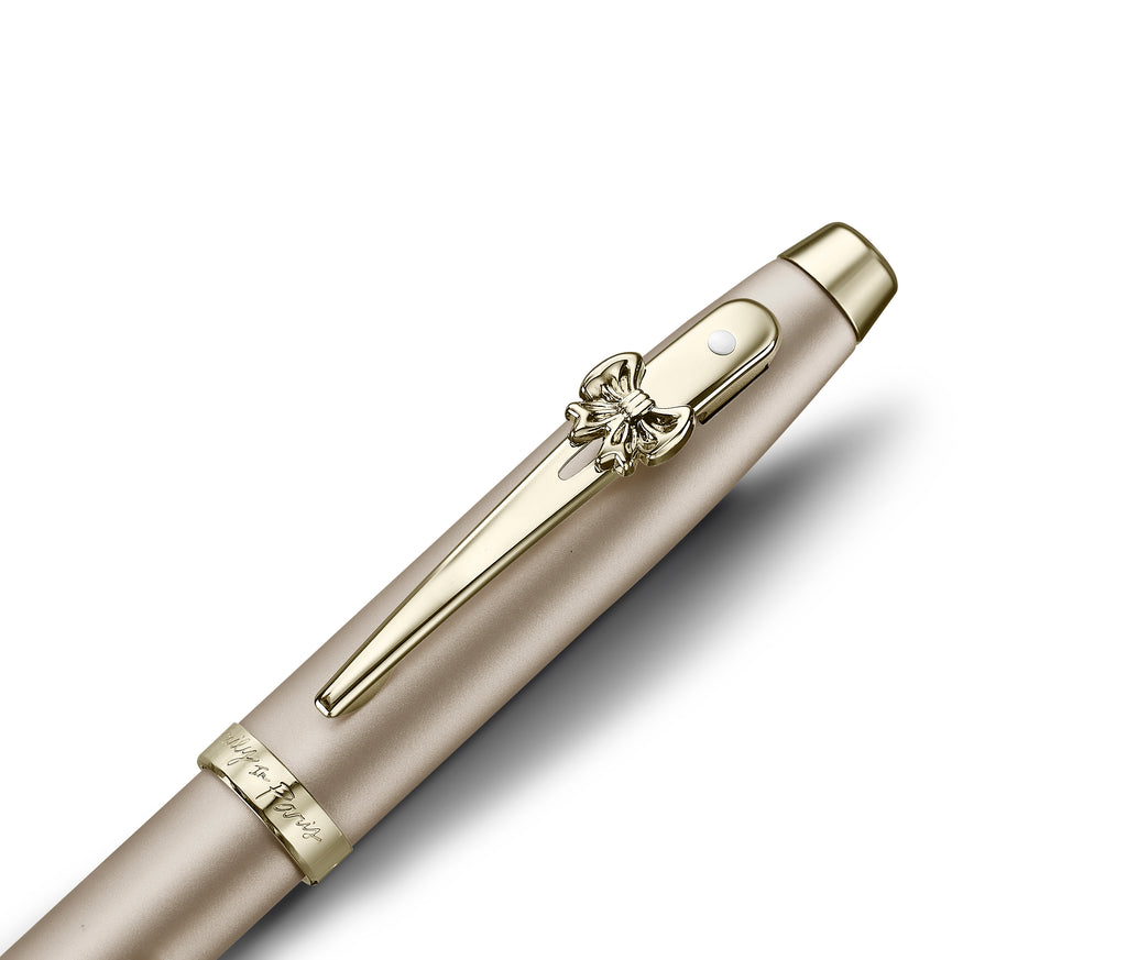 Sheaffer 100 Emily in Paris 9377 Champagne Gold Ballpoint Pen with Bow-Shaped Clip Emblem barrel and tip section
