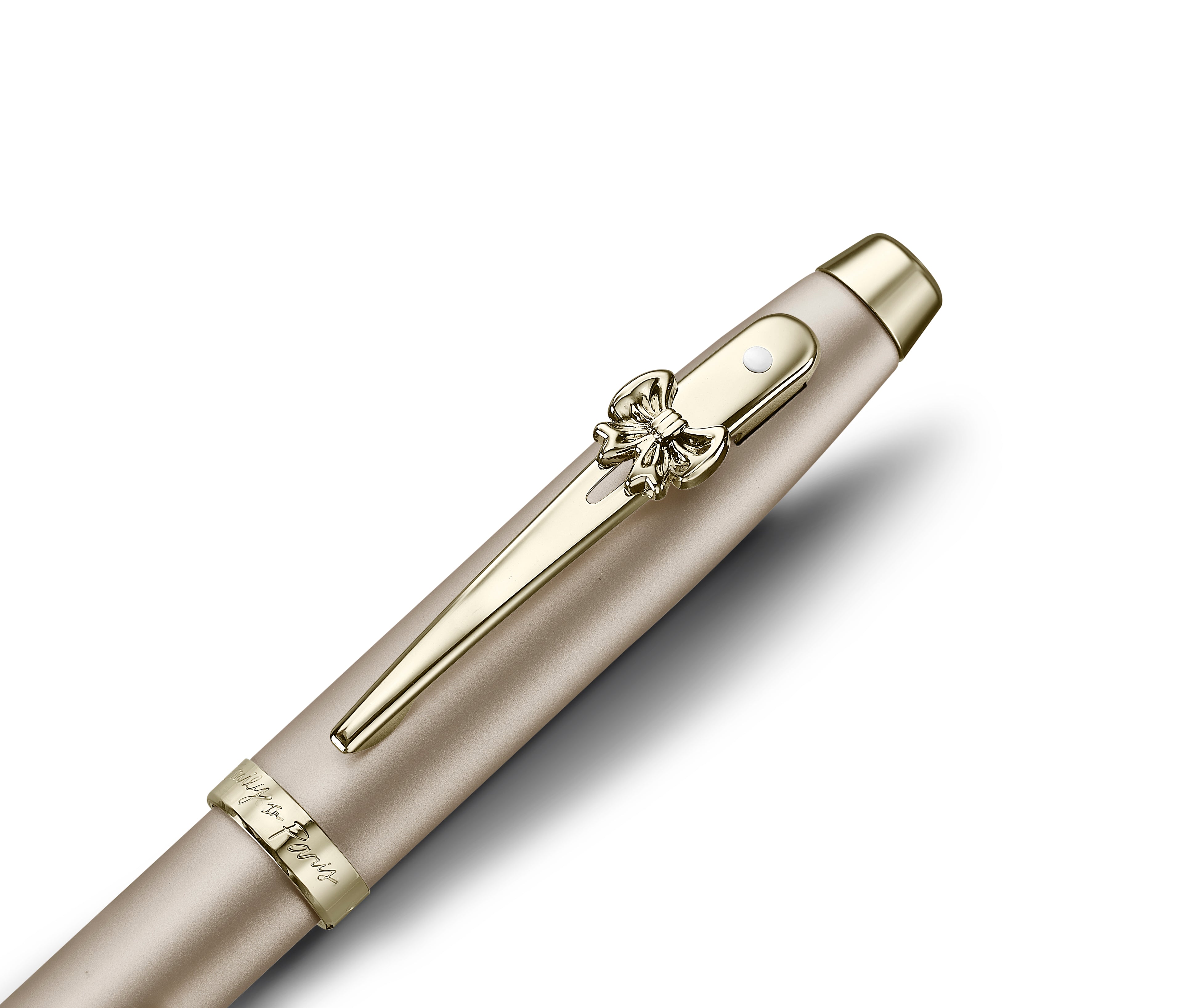 Sheaffer 100 Emily in Paris 9377 Champagne Gold Ballpoint Pen with Bow-Shaped Clip Emblem barrel and tip section