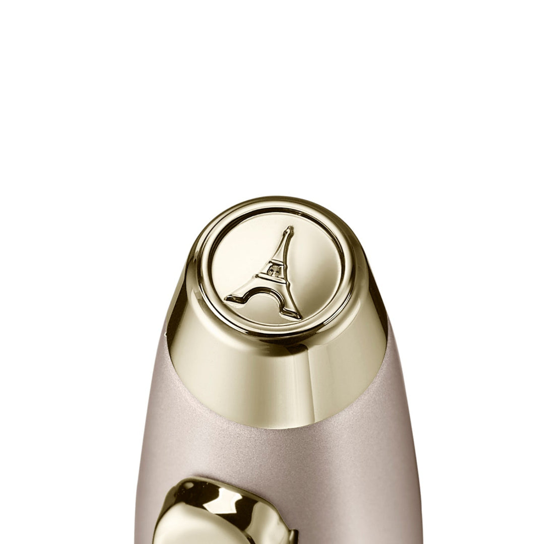 Sheaffer 100 Emily in Paris 9377 Champagne Gold Ballpoint Pen with Bow-Shaped Clip Emblem cap close up view