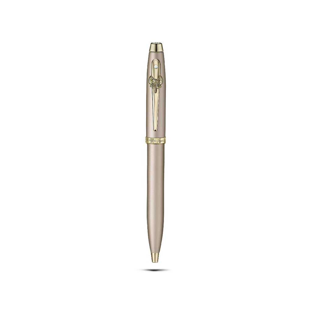 Sheaffer 100 Emily in Paris 9377 Champagne Gold Ballpoint Pen with Bow-Shaped Clip Emblem full upright view