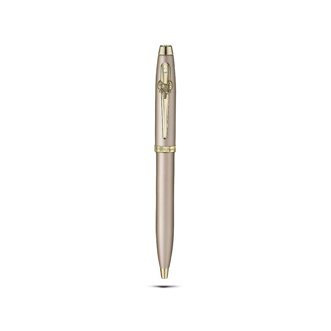 Sheaffer 100 Emily in Paris 9377 Champagne Gold Ballpoint Pen with Bow-Shaped Clip Emblem full upright view