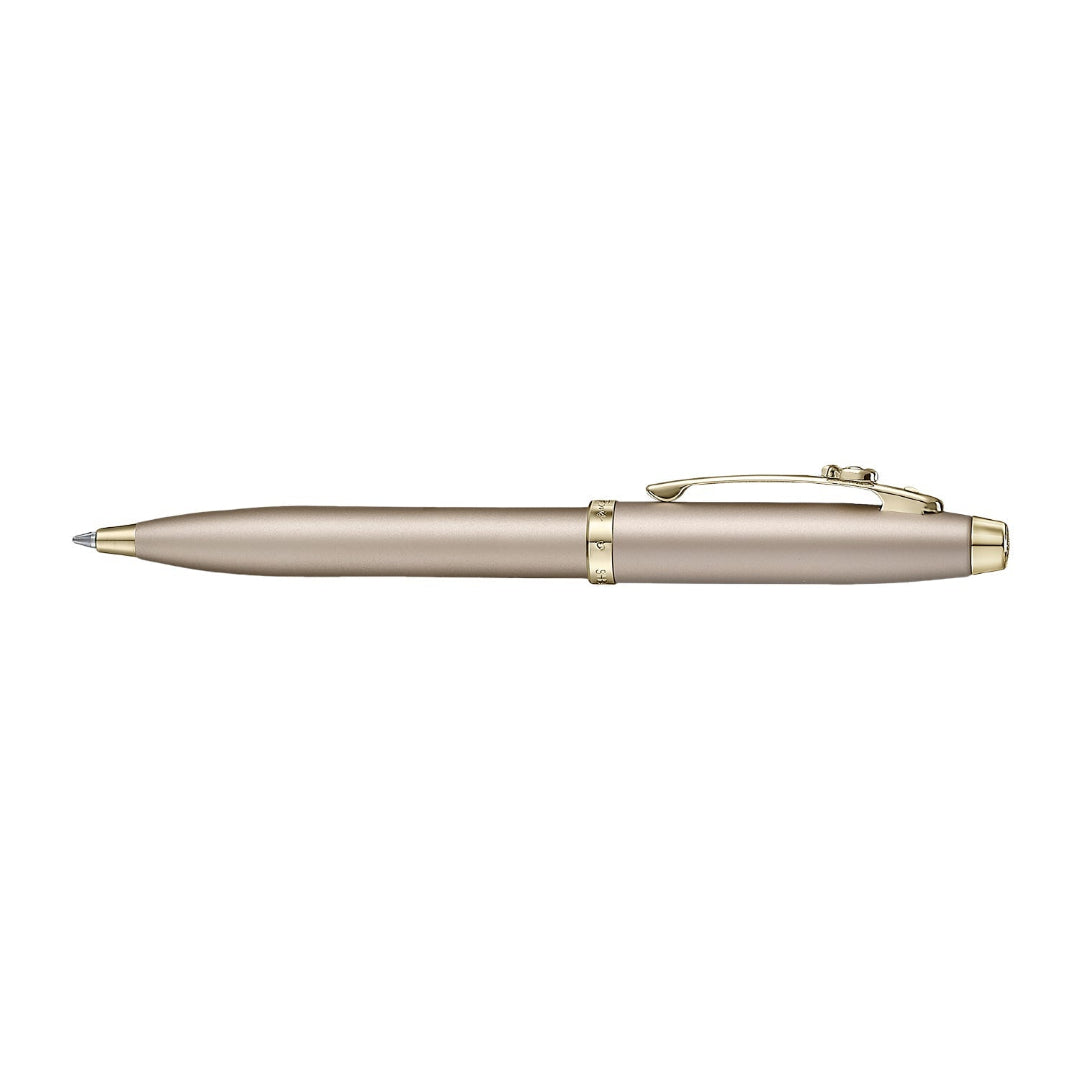 Sheaffer 100 Emily in Paris 9377 Champagne Gold Ballpoint Pen with Bow-Shaped Clip Emblem full side profile