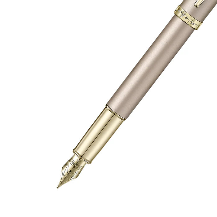Sheaffer 100 Emily in Paris 9377 Champagne Gold Fountain Pen with Champagne Gold Trims and Bow-Shaped Clip Emblem barrel and tip section